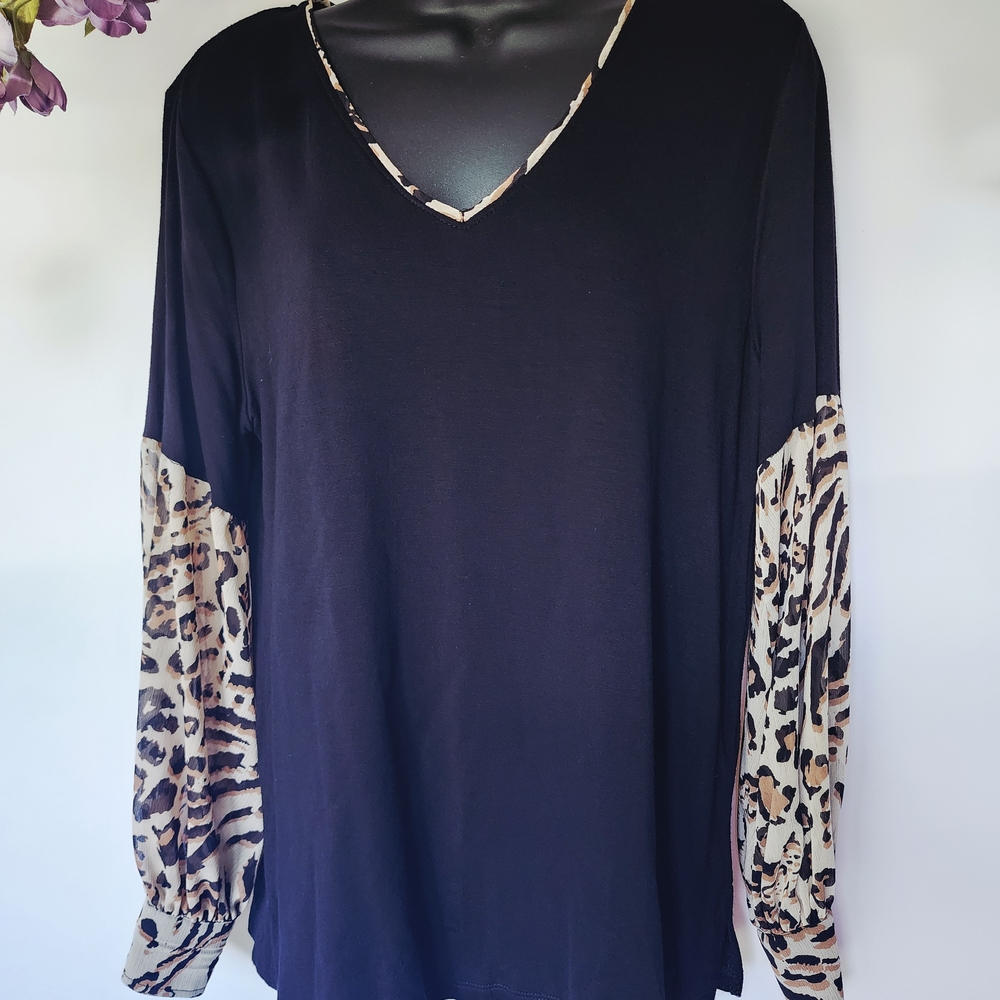 Democracy Black Top‎ with Animal Print Sleeves